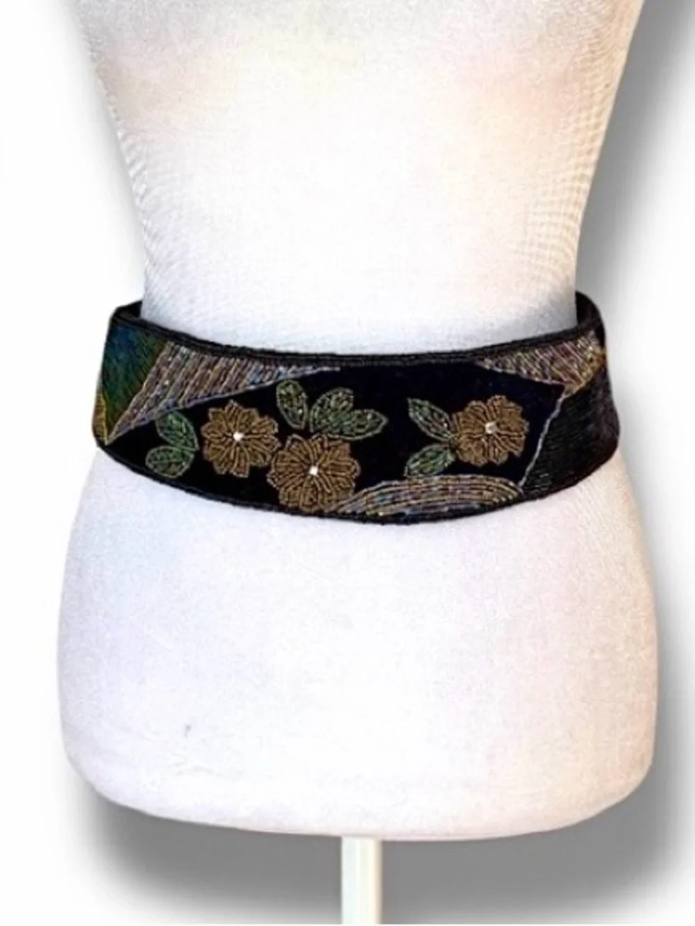 Vintage 80s Art Deco Beaded Velvet Cummerbund Belt Iridescent Floral Black S